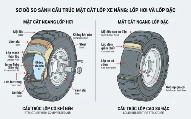 Cấu tạo mặt cắt lốp đặc và lốp hơi xe nâng