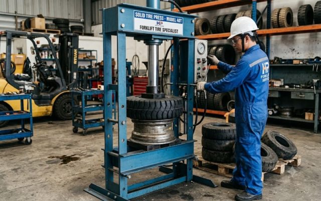 Ép lốp đặc xe nâng bằng máy thủy lực