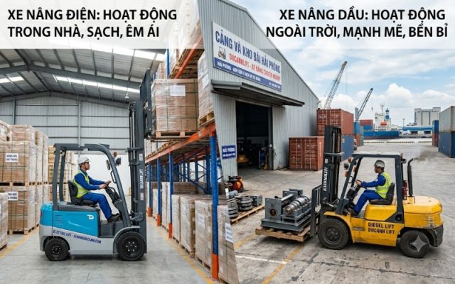 So sánh xe nâng điện và dầu hoạt động tại kho bãi Hải Phòng