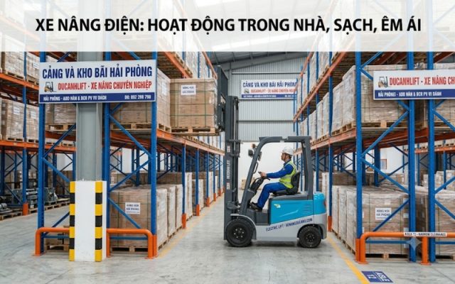 Xe nâng điện làm việc êm ái trong kho kệ hẹp tại nhà máy