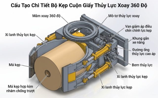 Cấu tạo chi tiết bộ kẹp cuộn giấy thủy lực xoay 360 độ