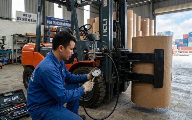 Kỹ thuật viên kiểm tra áp suất thủy lực xe nâng kẹp cuộn giấy tại Hải Phòng