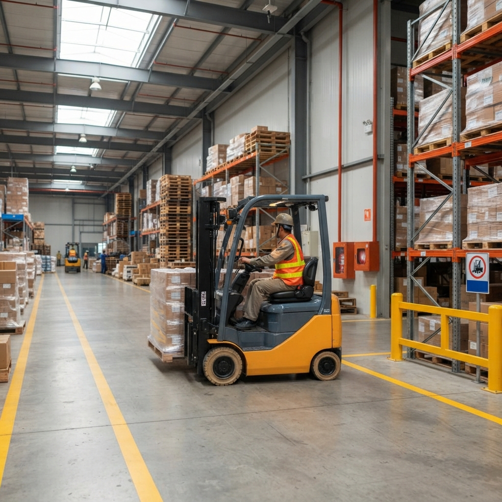 Vận hành xe nâng điện an toàn trong kho xưởng có vạch kẻ phân luồng tại Xe Nâng Đức Anh