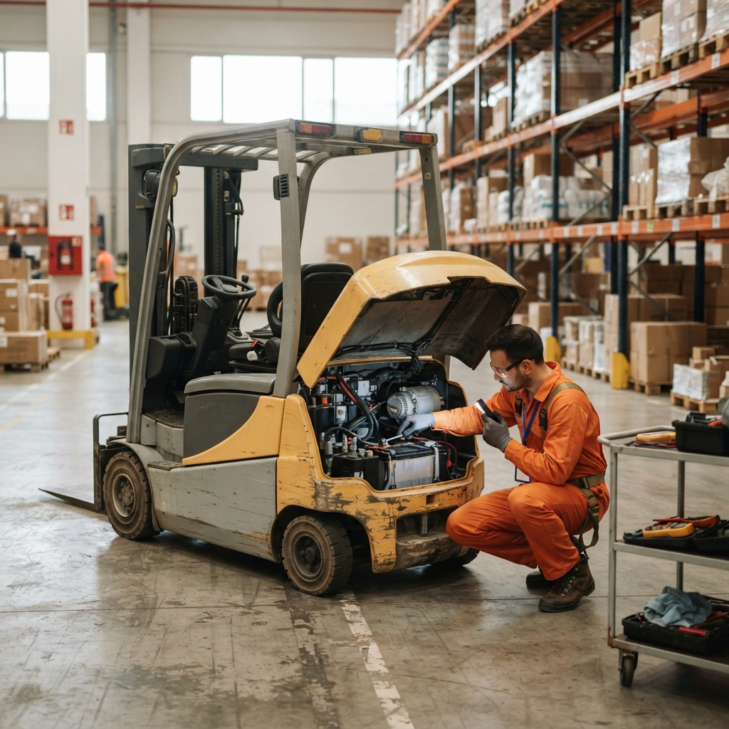 Kỹ thuật viên kiểm tra bảo dưỡng xe nâng điện trong kho tại Xe Nâng Đức Anh