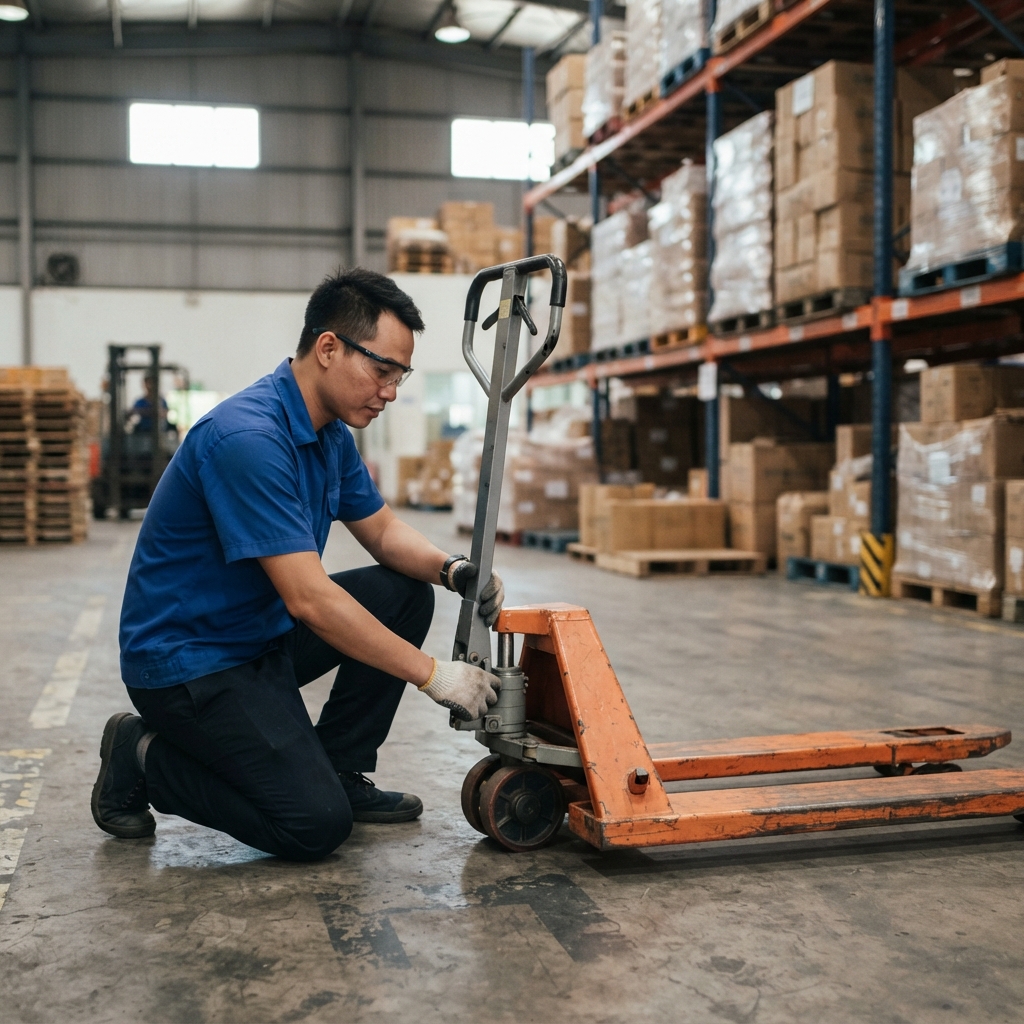 Kỹ thuật viên kiểm tra bơm thủy lực xe nâng tay trước ca làm việc tại Xe Nâng Đức Anh
