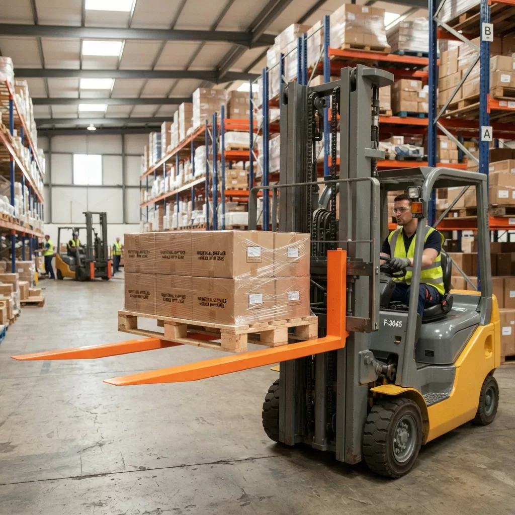 Xe nâng lắp càng phụ nối dài nâng pallet hàng dài trong kho tại Xe Nâng Đức Anh