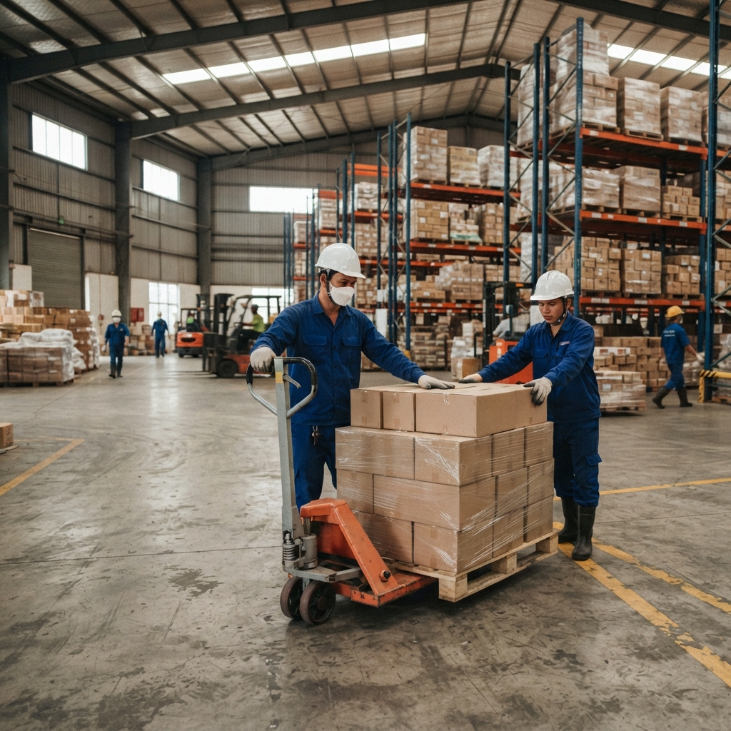 Công nhân hạ tải pallet an toàn từ xe nâng tay trong kho tại Xe Nâng Đức Anh