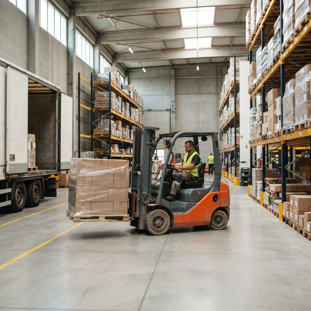 Xe nâng bốc dỡ pallet hàng trong kho tại Xe Nâng Đức Anh