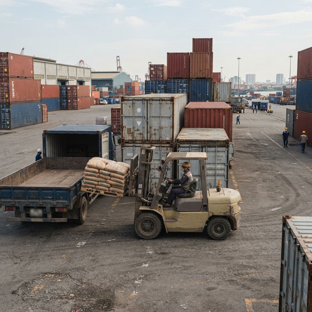 Xe nâng làm việc theo ca tại bãi container Hải Phòng