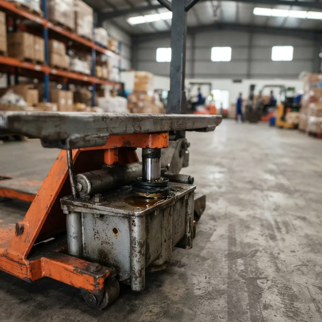 Phốt thủy lực xe nâng tay bị rò dầu quanh ty ben trong kho hàng tại Hải Phòng