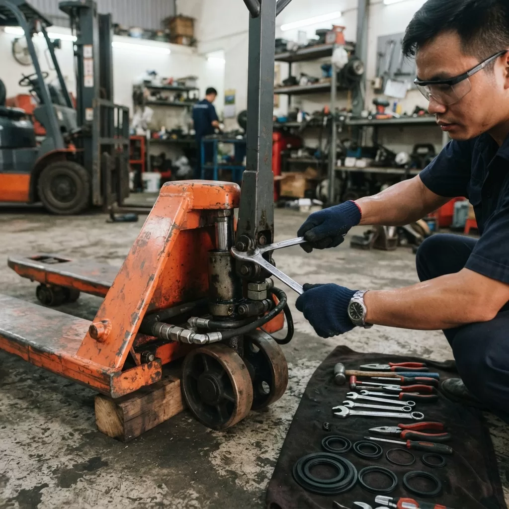 Kỹ thuật viên tháo ty ben xe nâng tay để kiểm tra và thay phốt thủy lực
