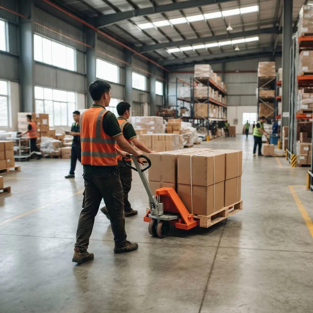 Công nhân vận hành xe nâng tay đã sửa xong, kéo pallet hàng hóa trong kho tại Hải Phòng