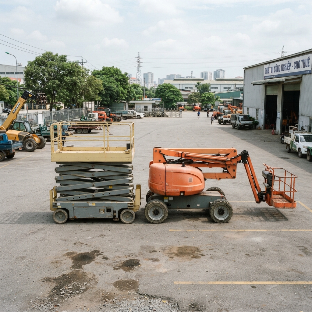 Xe cắt kéo và xe boom lift đặt cạnh nhau tại bãi xe Xe Nâng Đức Anh