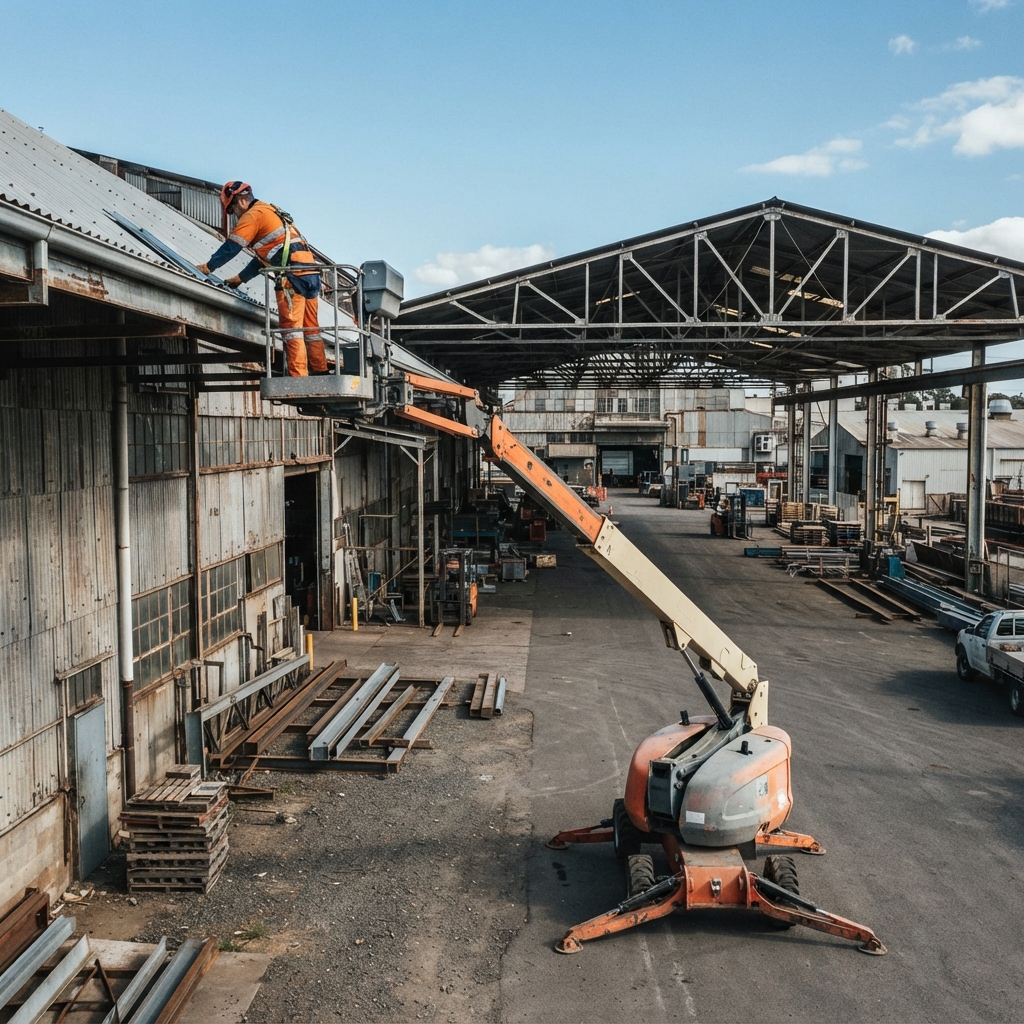 Xe boom lift vươn cần bảo trì mái nhà xưởng ngoài trời tại Xe Nâng Đức Anh