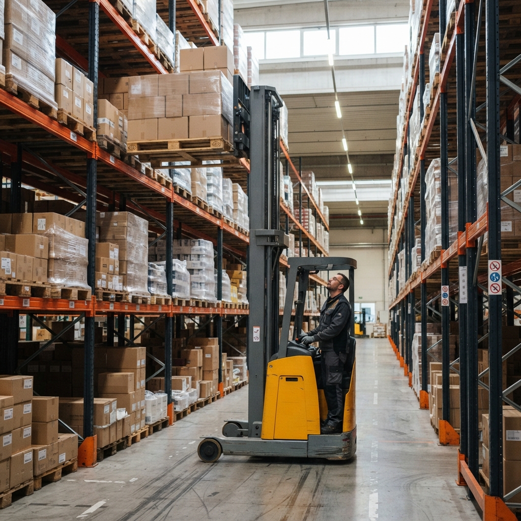 Xe nâng điện Reach Truck nâng cao vào kệ hàng trong lối đi hẹp nhà kho tại Xe Nâng Đức Anh