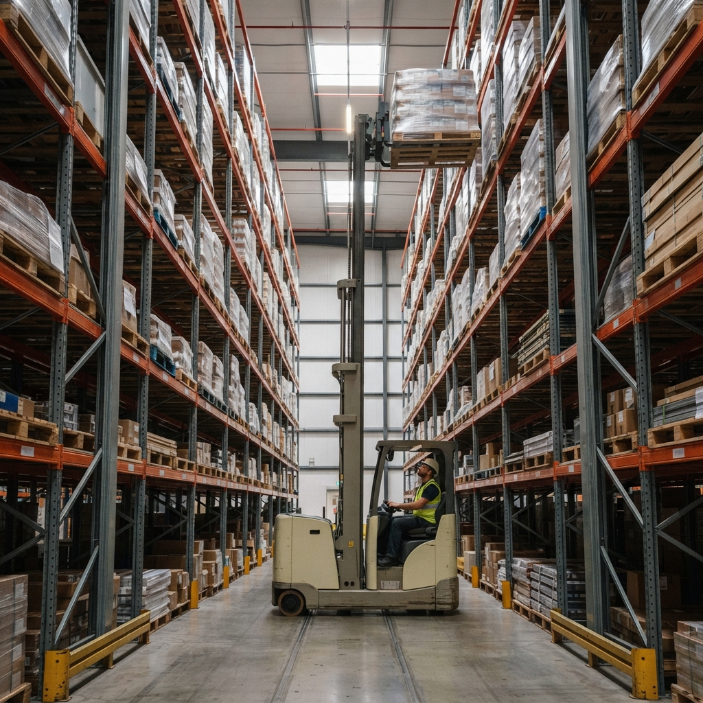 Xe nâng Reach Truck di chuyển trong lối đi hẹp giữa kệ hàng cao tại kho Hải Phòng