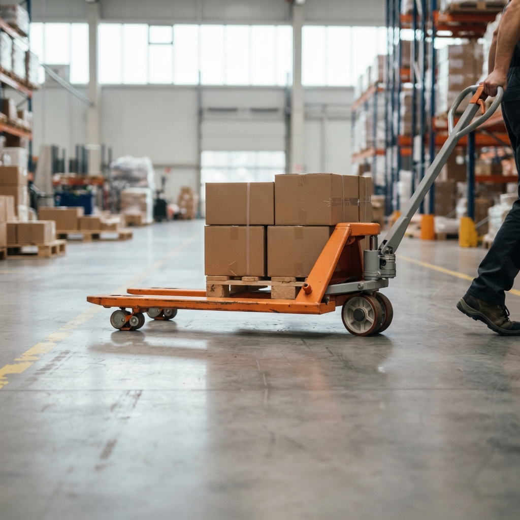 Xe nâng tay thấp kéo pallet hàng trong kho tại Xe Nâng Đức Anh