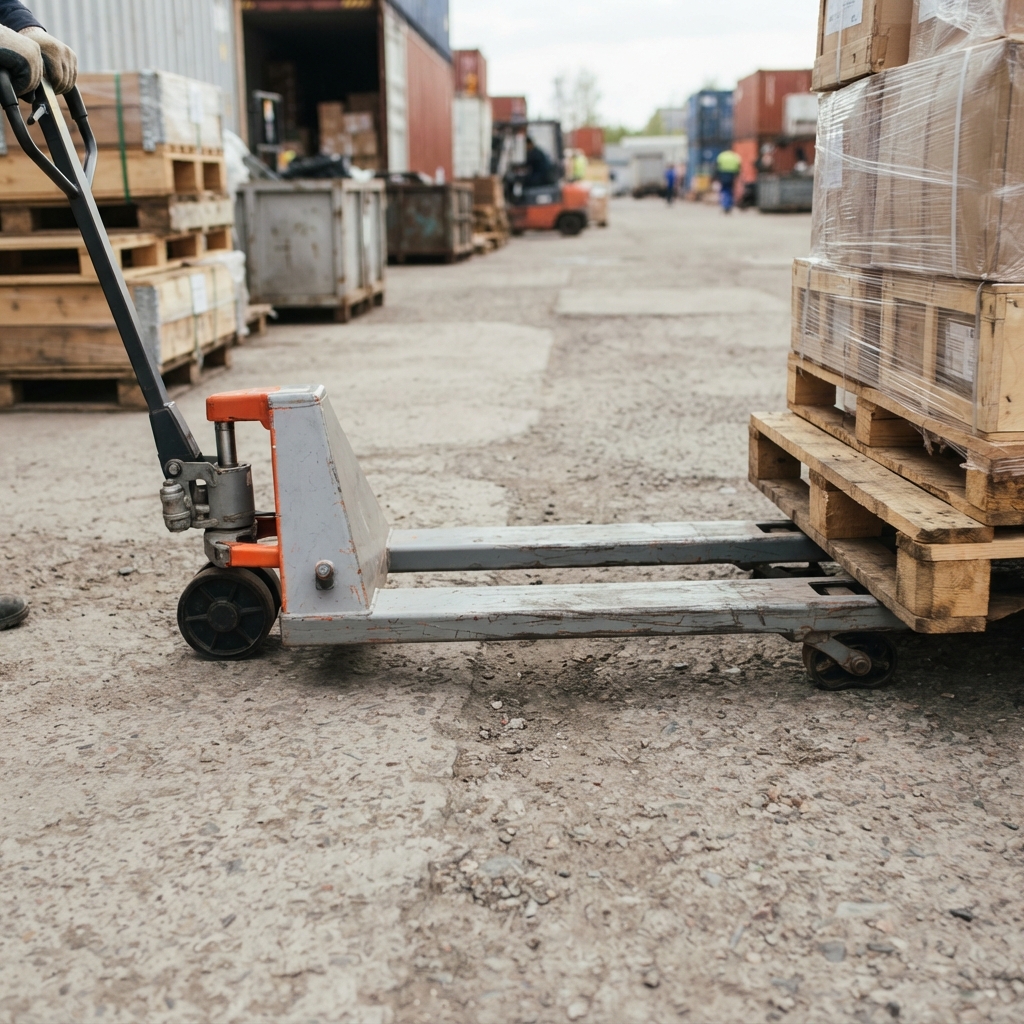 Càng nâng và bánh xe xe nâng tay thấp luồn vào pallet tại bãi container