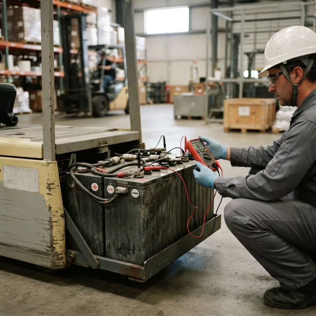 Kỹ thuật viên kiểm tra điện áp ắc quy xe nâng bằng đồng hồ đo tại Xe Nâng Đức Anh