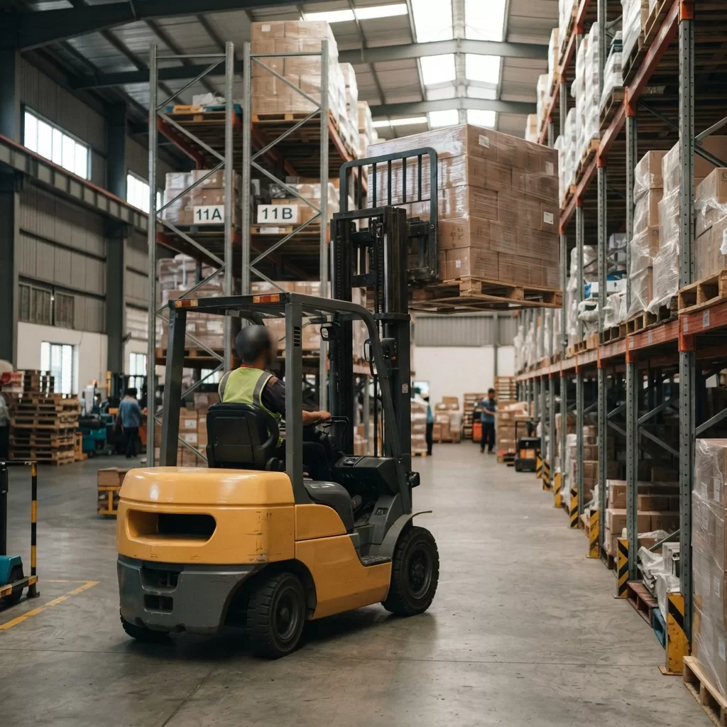 Xe nâng dầu lắp bộ công tác side shift xếp pallet vào kệ trong kho lối đi hẹp tại Xe Nâng Đức Anh
