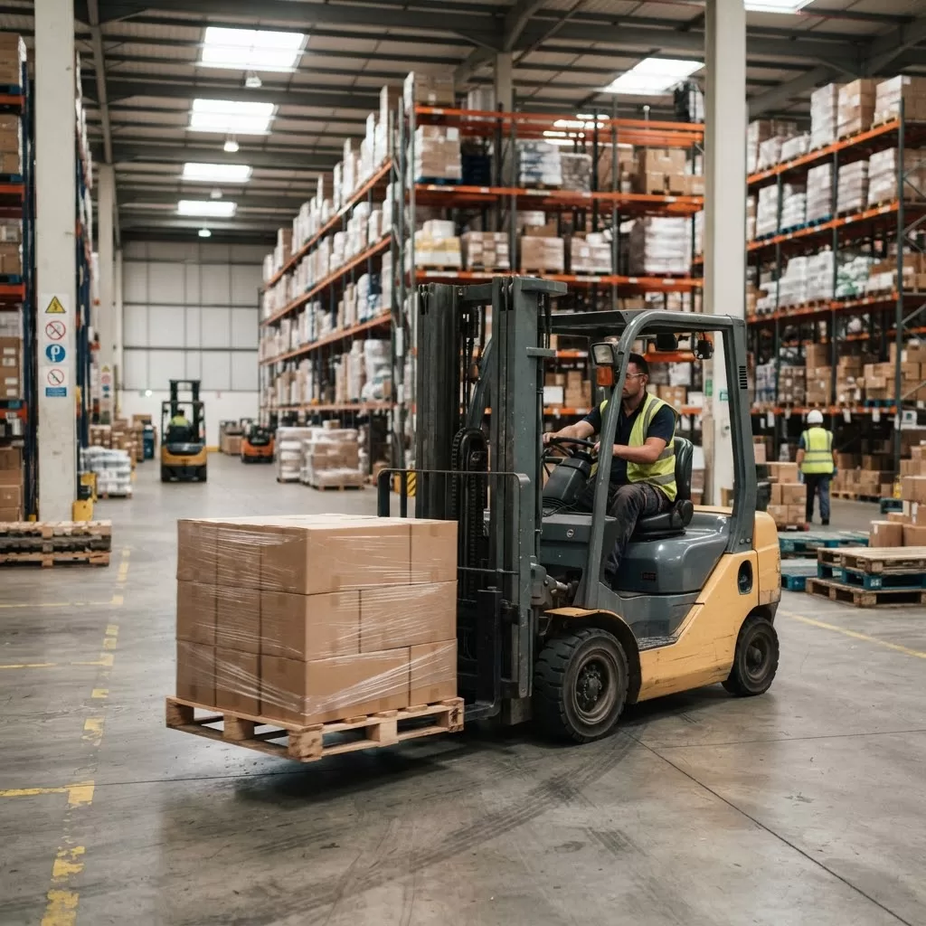 Xe nâng bọc càng bảo vệ đang xúc pallet hàng hóa trong kho tại Xe Nâng Đức Anh
