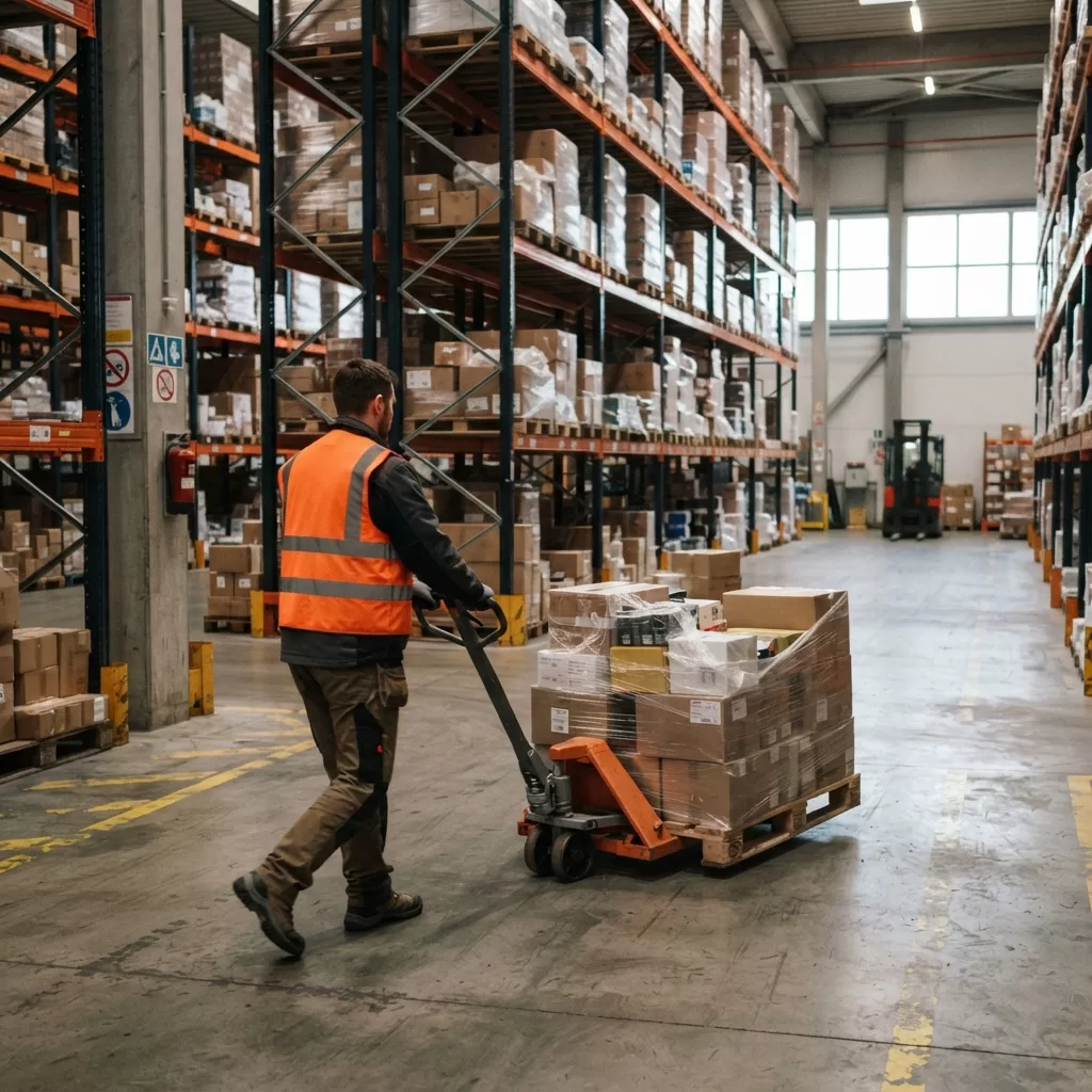 Xe nâng tay vận hành nâng pallet hàng trong kho logistics tại Xe Nâng Đức Anh