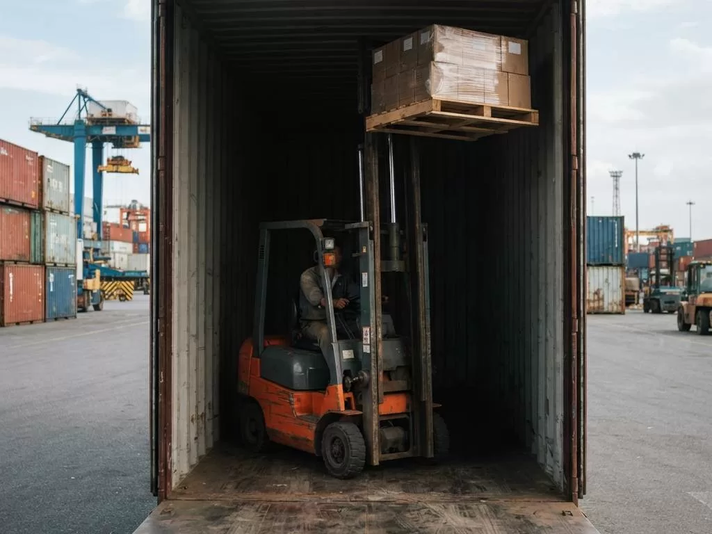 Xe nâng khung 3 tầng full free lift xếp pallet tầng 2 trong container tại Xe Nâng Đức Anh