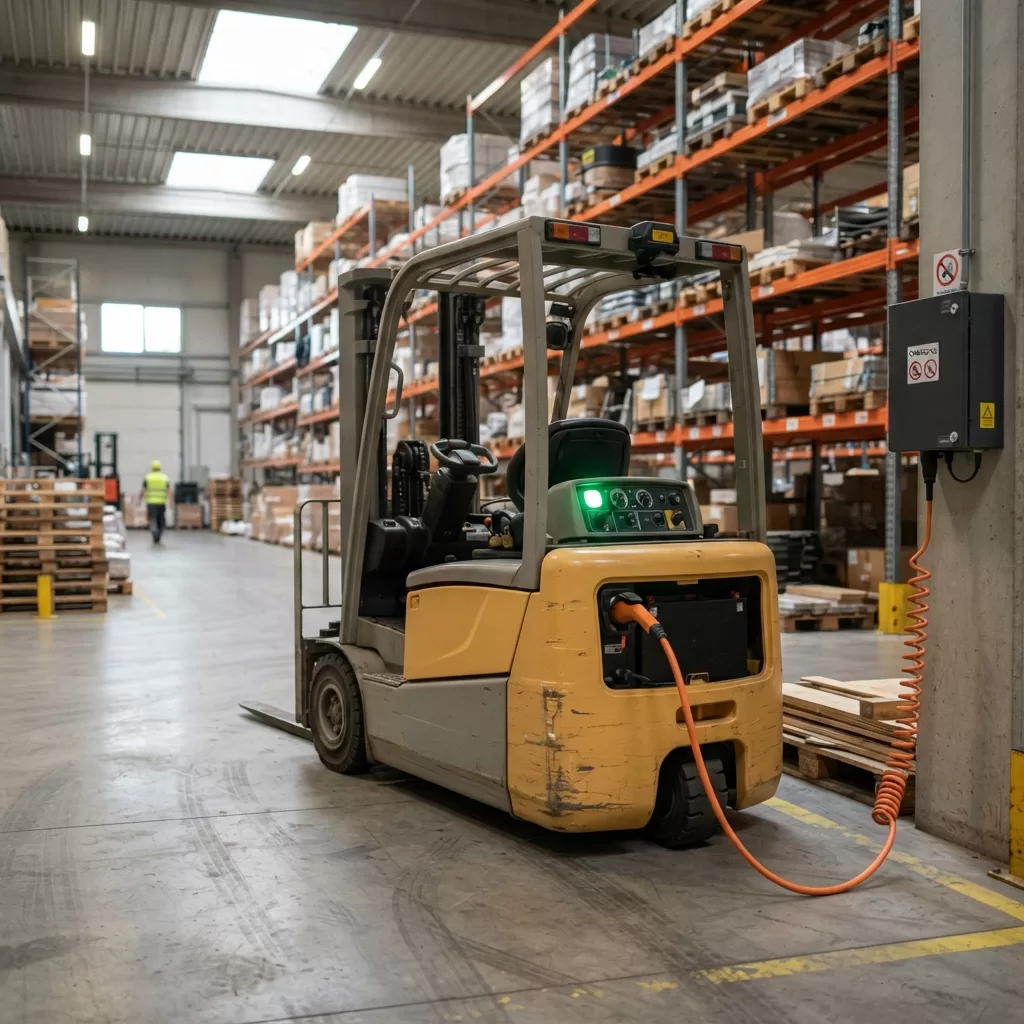 Xe nâng điện đang cắm sạc trong kho tại Xe Nâng Đức Anh