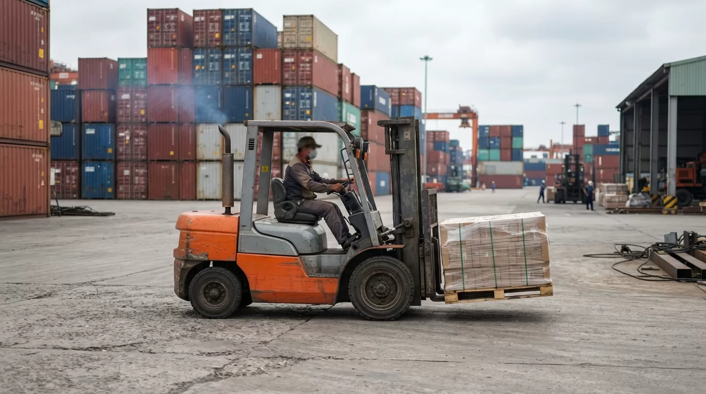 Xe nâng dầu nâng pallet hàng hóa tại bãi container thể hiện cường độ vận hành ảnh hưởng tiêu hao nhiên liệu tại Xe Nâng Đức Anh