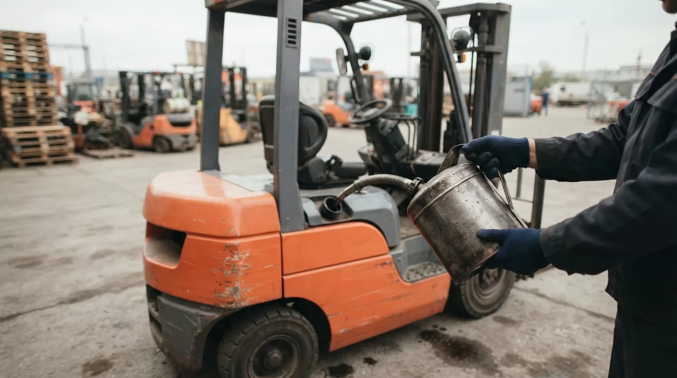 Đổ dầu diesel vào bình nhiên liệu xe nâng dầu để ước tính chi phí vận hành tại Xe Nâng Đức Anh
