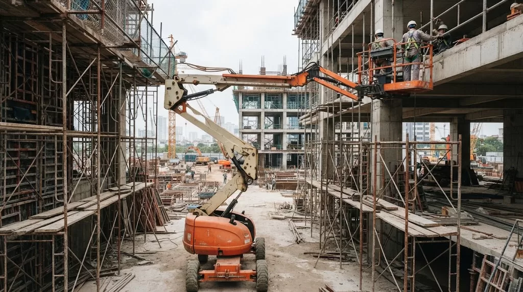 Xe nâng người Boom Lift với cần cẩu gập Z-Boom vươn qua giàn giáo tại công trình xây dựng ở Xe Nâng Đức Anh