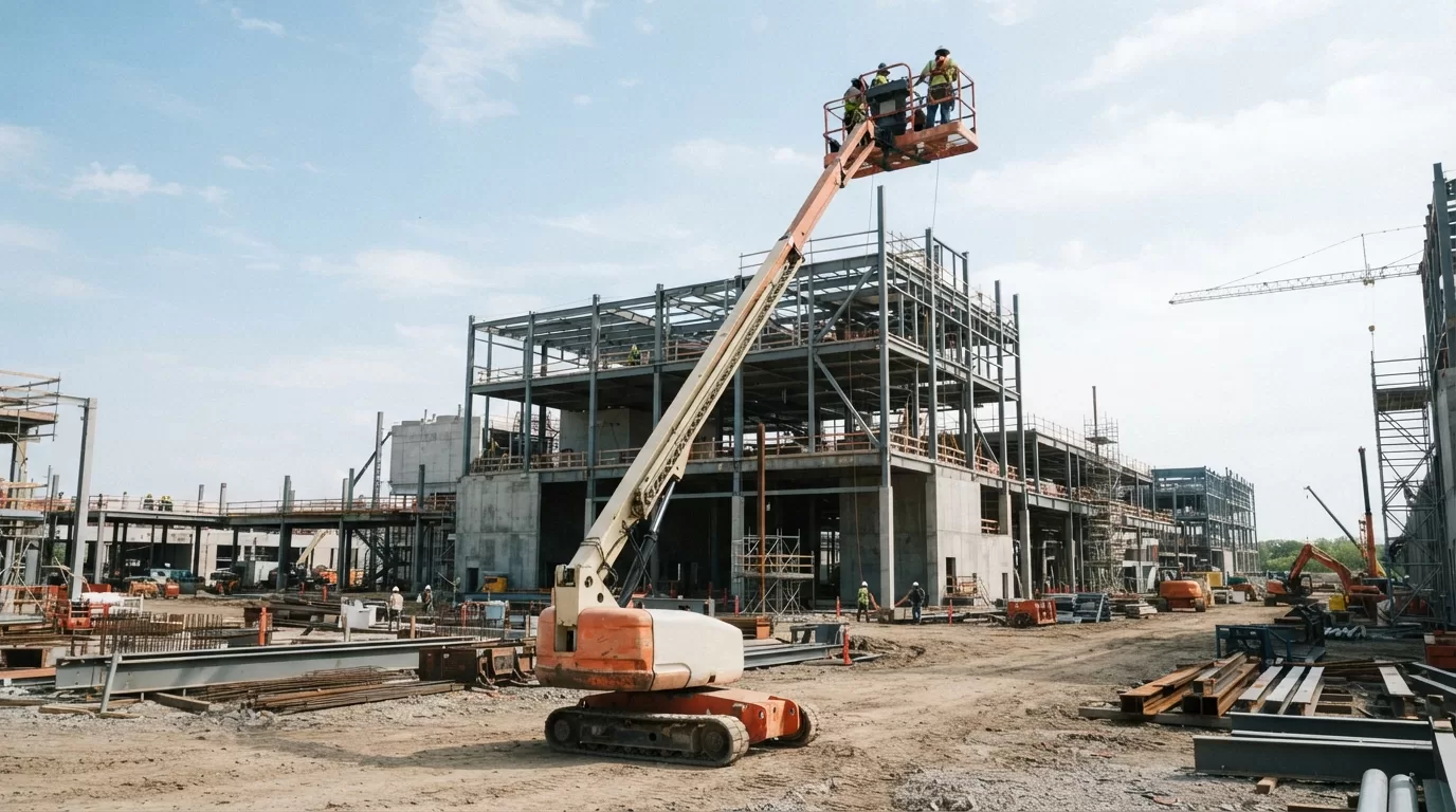 Xe nâng người Boom Lift với cần cẩu thẳng S-Boom vươn cao trên bãi trống công trường tại Xe Nâng Đức Anh