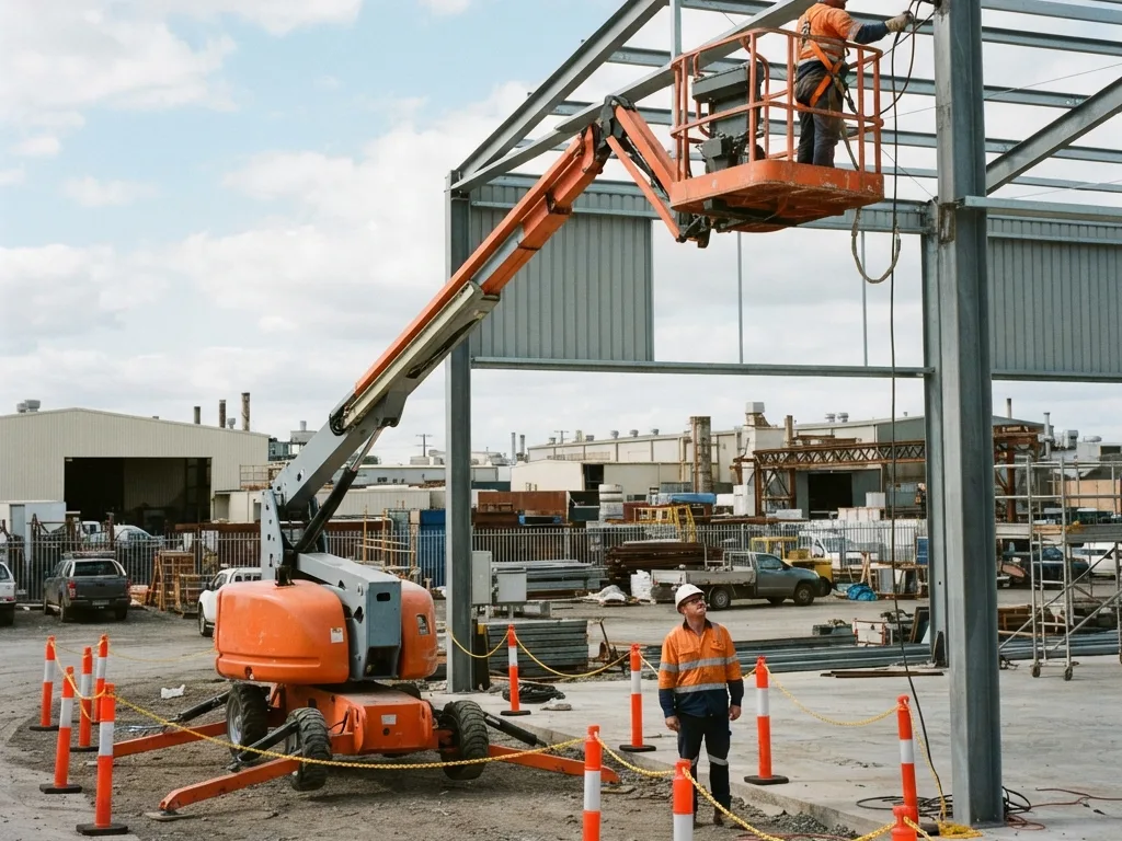 Xe nâng người Boom Lift có thợ đeo dây an toàn và người giám sát dưới đất tại công trình ở Hải Phòng của Xe Nâng Đức Anh