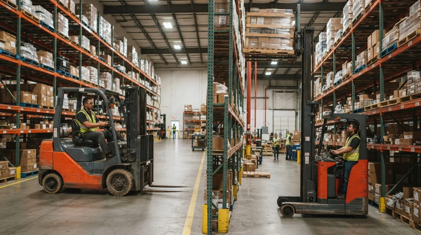 So sánh lối đi của xe nâng điện ngồi lái và xe nâng Reach Truck trong kho kệ cao tại Xe Nâng Đức Anh