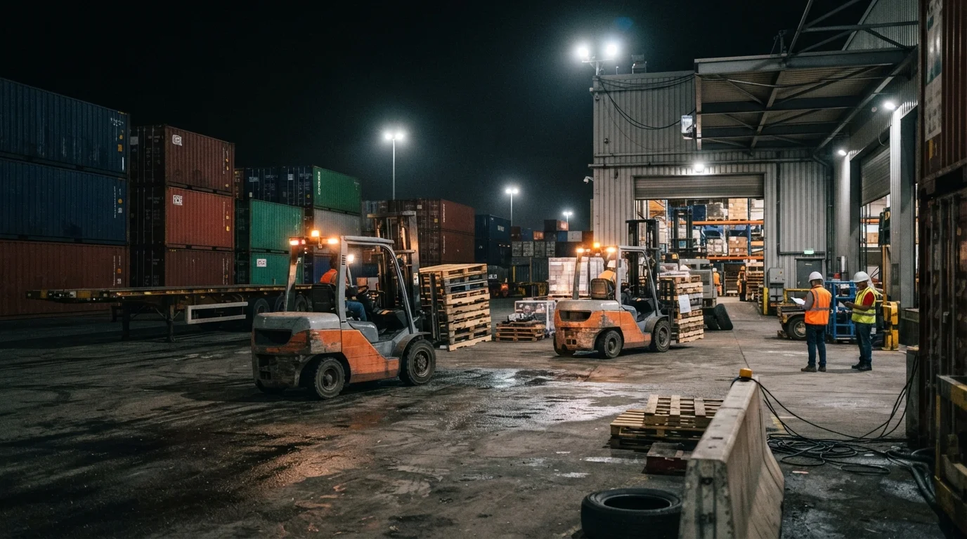 Xe nâng làm ca đêm tại bãi container khiến giờ vận hành vượt mức hợp đồng thuê tháng tại Xe Nâng Đức Anh