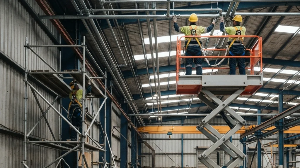 Thuê xe nâng người cắt kéo thay giàn giáo khi lắp ống PCCC trong nhà xưởng tại Xe Nâng Đức Anh