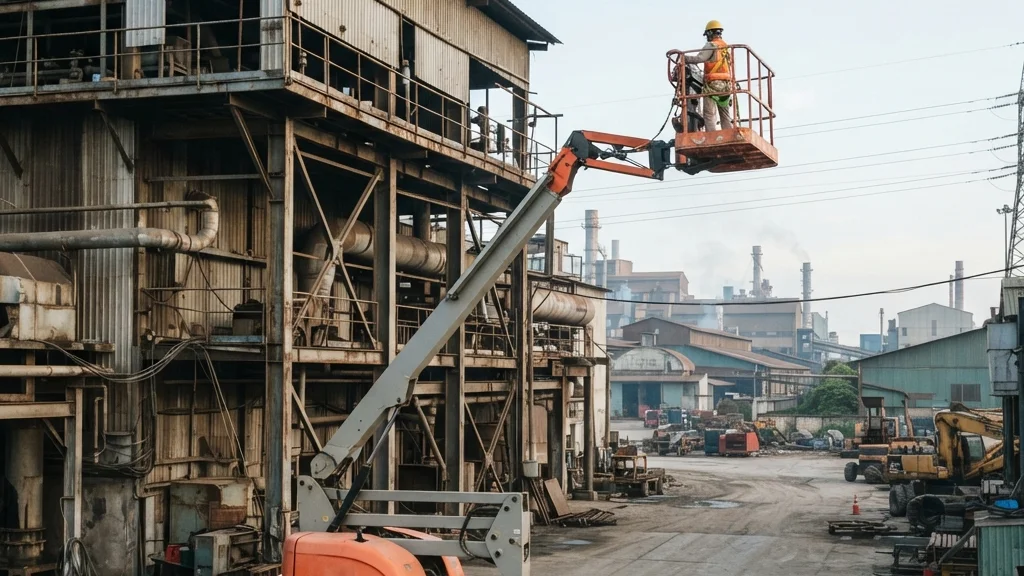 Xe nâng người Boom Lift vươn giỏ thi công kết cấu thép nhà xưởng ngoài trời ở Hải Phòng tại Xe Nâng Đức Anh